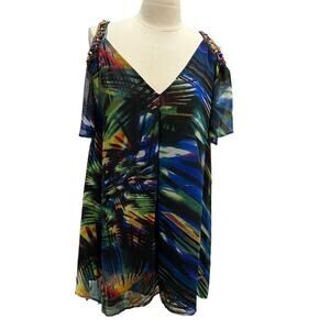 Monique Leshman Beaded Cold Shoulder Vibrant Tunic/Kaftan Dress /Cover-Up Medium